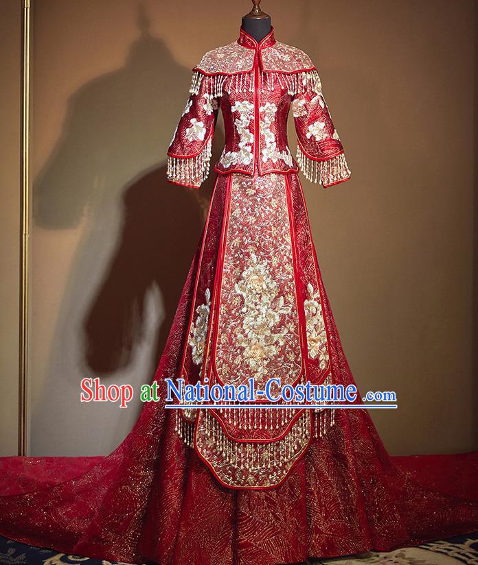 Chinese Traditional Bride Embroidered Red Trailing Xiu He Suit Wedding Blouse and Dress Bottom Drawer Ancient Costumes for Women