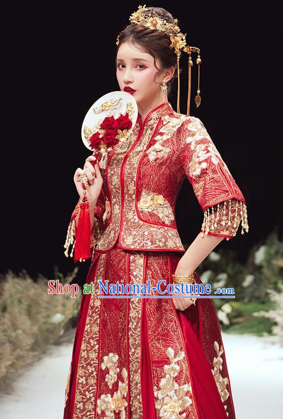 Chinese Traditional Bride Embroidered Xiu He Suit Wedding Blouse and Dress Bottom Drawer Ancient Costumes for Women