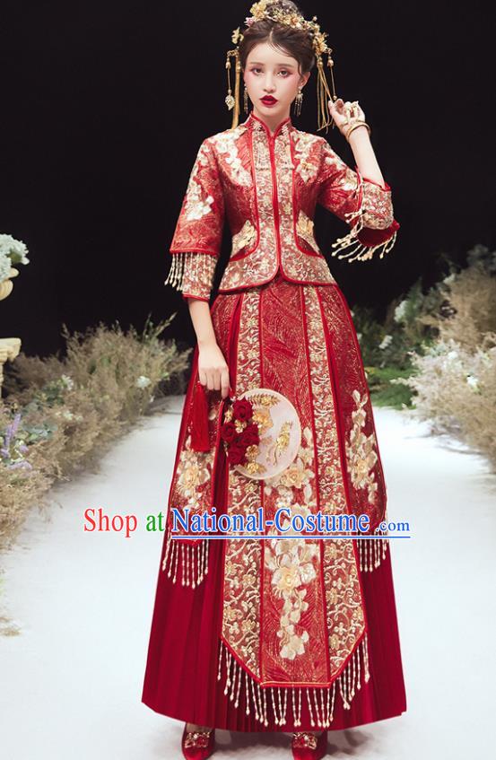 Chinese Traditional Bride Embroidered Xiu He Suit Wedding Blouse and Dress Bottom Drawer Ancient Costumes for Women