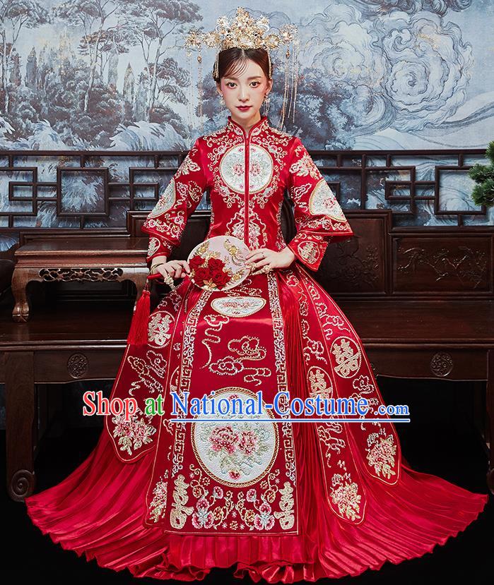 Chinese Traditional Bride Embroidered Drilling Peony Xiu He Suit Wedding Blouse and Dress Bottom Drawer Ancient Costumes for Women