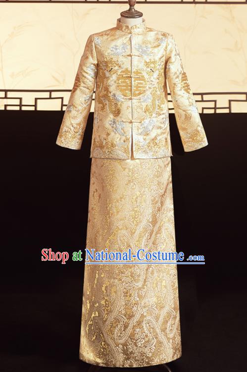 Chinese Ancient Bridegroom Golden Embroidered Dragons Mandarin Jacket and Pants Traditional Wedding Tang Suit Costumes for Men