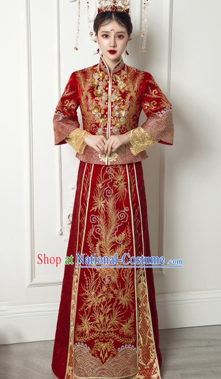 Chinese Traditional Xiu He Suit Wedding Embroidered Phoenix Red Blouse and Dress Bottom Drawer Ancient Bride Costumes for Women