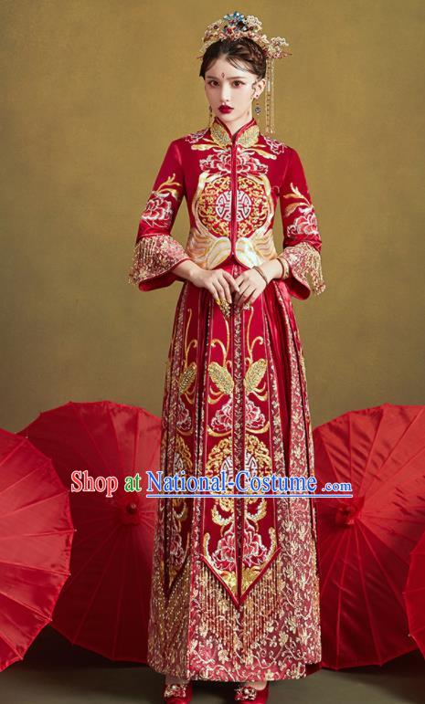 Chinese Traditional Wedding Bottom Drawer Embroidered Butterfly Peony Blouse and Dress Xiu He Suit Ancient Bride Costumes for Women