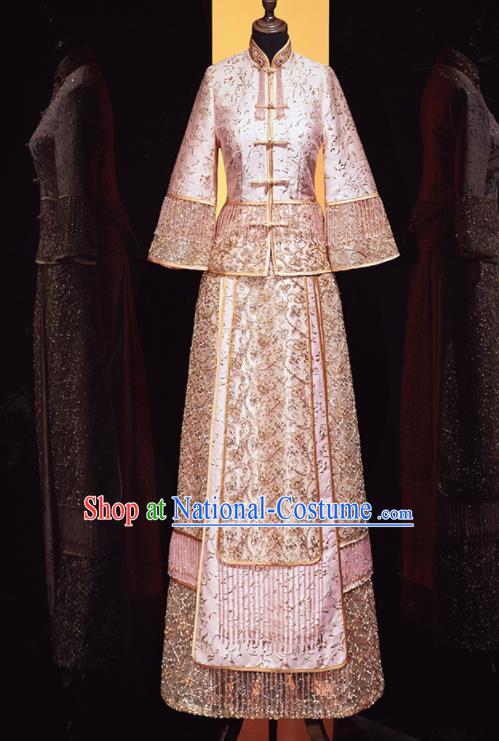 Chinese Traditional Xiu He Suit Wedding Embroidered Pink Blouse and Dress Bottom Drawer Ancient Bride Costumes for Women