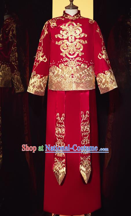 Chinese Ancient Bridegroom Embroidered Dragon Red Mandarin Jacket and Gown Traditional Wedding Tang Suit Costumes for Men