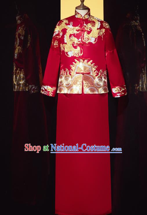 Chinese Ancient Bridegroom Embroidered Phoenix Dragon Red Mandarin Jacket and Gown Traditional Wedding Tang Suit Costumes for Men