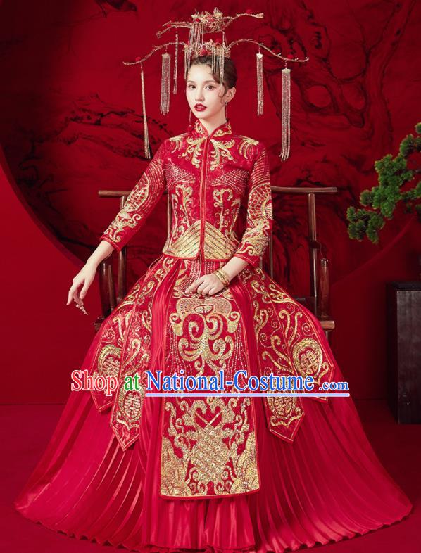 Chinese Traditional Bride Embroidered Red Xiu He Suit Wedding Drilling Blouse and Dress Bottom Drawer Ancient Costumes for Women