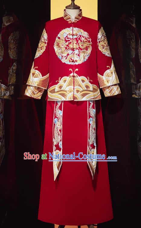 Chinese Ancient Bridegroom Embroidered Double Dragon Red Mandarin Jacket and Gown Traditional Wedding Tang Suit Costumes for Men