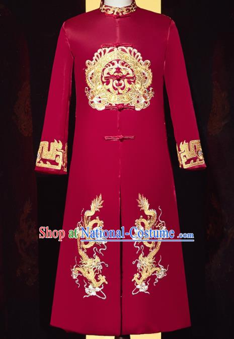 Chinese Ancient Bridegroom Embroidered Double Dragon Red Mandarin Jacket Traditional Wedding Tang Suit Costumes for Men