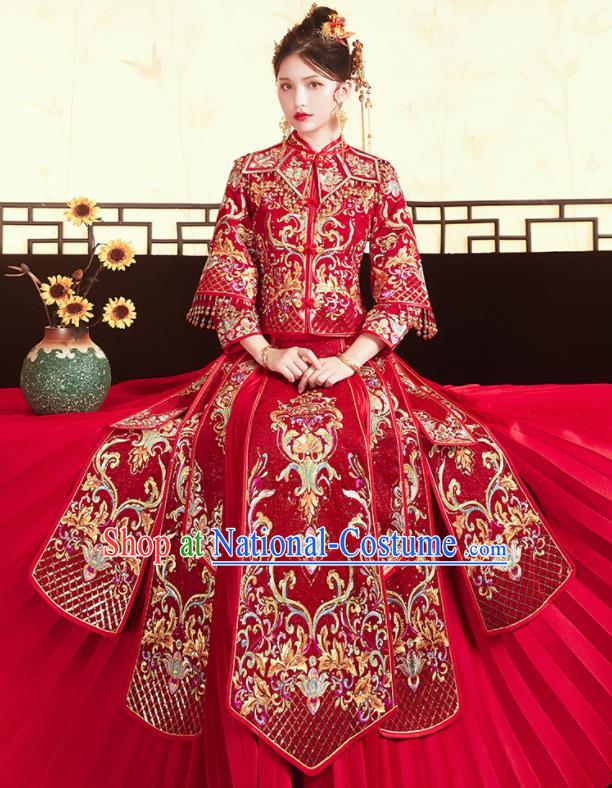 Chinese Traditional Bride Embroidered Red Xiu He Suit Wedding Blouse and Dress Bottom Drawer Ancient Costumes for Women