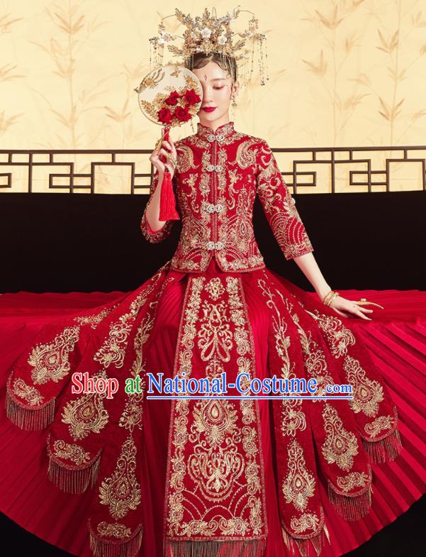 Chinese Traditional Wedding Bottom Drawer Embroidered Red Blouse and Dress Xiu He Suit Ancient Bride Costumes for Women