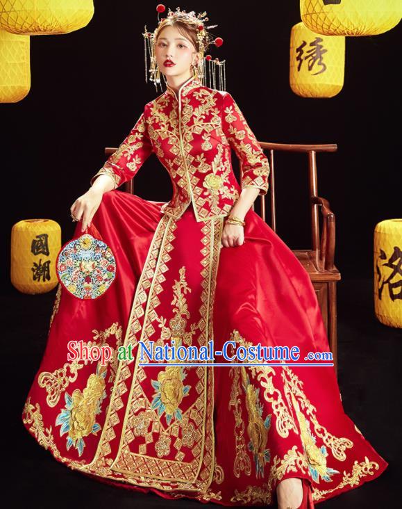 Chinese Traditional Wedding Embroidered Golden Peony Blouse and Dress Red Bottom Drawer Xiu He Suit Ancient Bride Costumes for Women