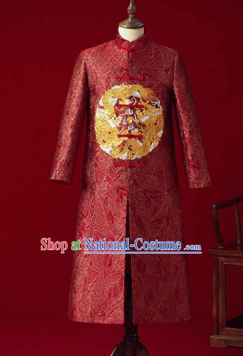 Chinese Ancient Bridegroom Embroidered Dragon Red Mandarin Jacket Traditional Wedding Tang Suit Costumes for Men