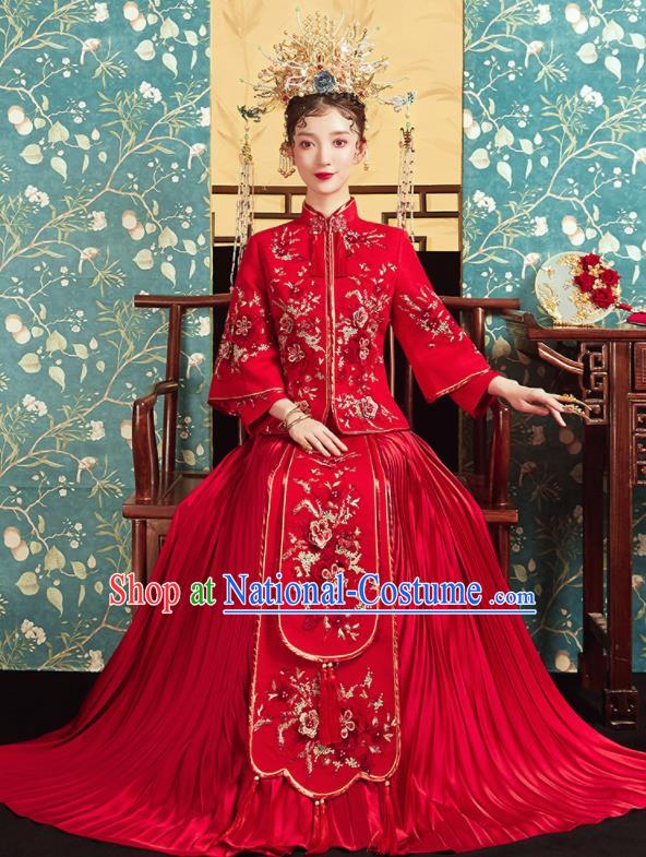 Chinese Traditional Wedding Bottom Drawer Embroidered Plum Red Blouse and Dress Xiu He Suit Ancient Bride Costumes for Women