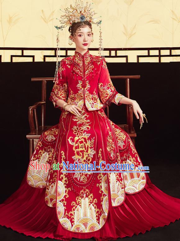 Chinese Traditional Wedding Bottom Drawer Embroidered Peony Red Blouse and Dress Xiu He Suit Ancient Bride Costumes for Women