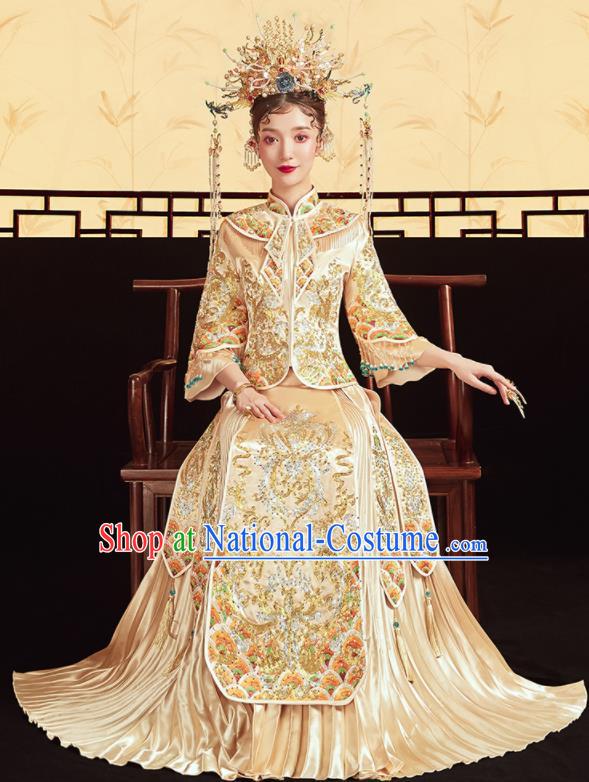 Chinese Traditional Wedding Drilling Golden Bottom Drawer Embroidered Blouse and Dress Xiu He Suit Ancient Bride Costumes for Women