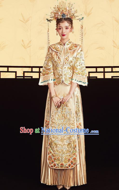 Chinese Traditional Wedding Drilling Golden Bottom Drawer Embroidered Blouse and Dress Xiu He Suit Ancient Bride Costumes for Women