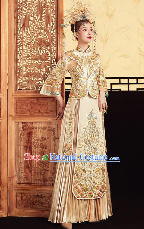 Chinese Traditional Wedding Drilling Golden Bottom Drawer Embroidered Blouse and Dress Xiu He Suit Ancient Bride Costumes for Women