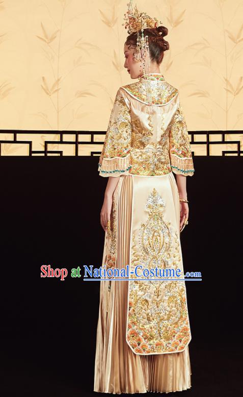 Chinese Traditional Wedding Drilling Golden Bottom Drawer Embroidered Blouse and Dress Xiu He Suit Ancient Bride Costumes for Women