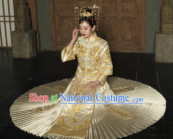 Chinese Traditional Wedding Golden Bottom Drawer Embroidered Blouse and Dress Xiu He Suit Ancient Bride Costumes for Women