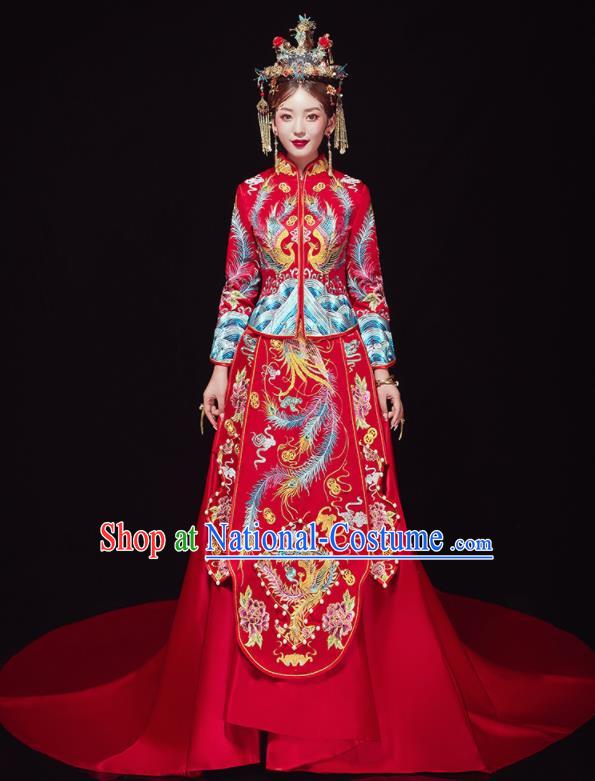 Chinese Traditional Wedding Red Trailing Bottom Drawer Embroidered Phoenix Blouse and Dress Xiu He Suit Ancient Bride Costumes for Women