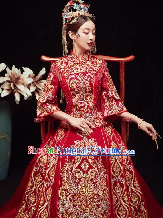 Chinese Traditional Wedding Red Bottom Drawer Embroidered Beads Blouse and Dress Xiu He Suit Ancient Bride Costumes for Women