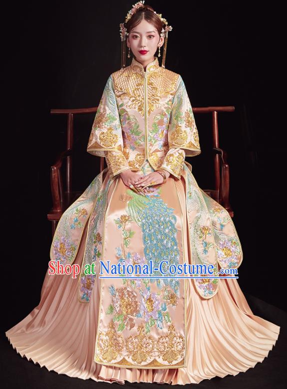 Chinese Traditional Wedding Champagne Bottom Drawer Embroidered Peacock Blouse and Dress Xiu He Suit Ancient Bride Costumes for Women