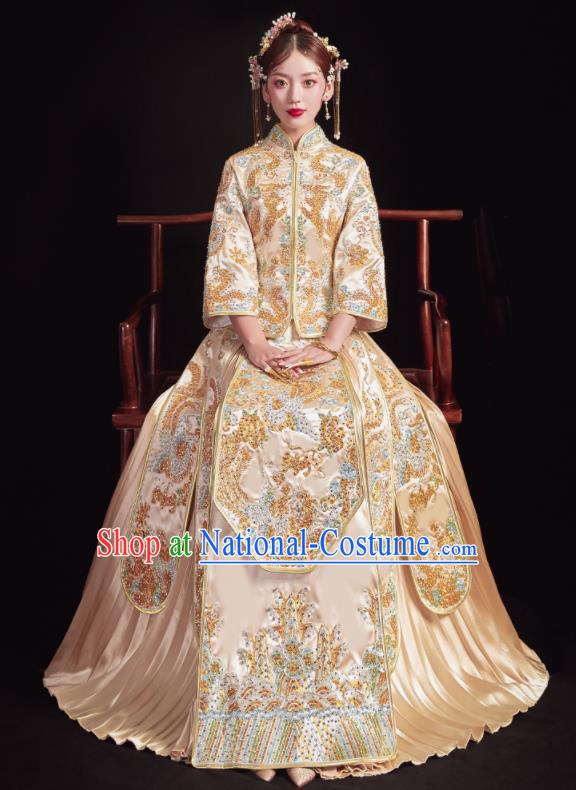 Chinese Traditional Wedding Golden Bottom Drawer Embroidered Phoenix Peony Blouse and Dress Xiu He Suit Ancient Bride Costumes for Women