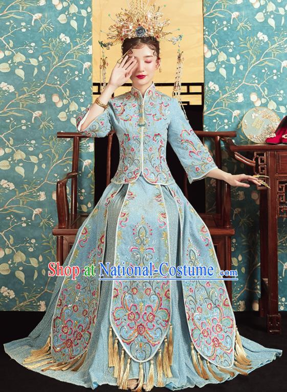 Chinese Traditional Wedding Bottom Drawer Embroidered Blue Blouse and Dress Xiu He Suit Ancient Bride Costumes for Women