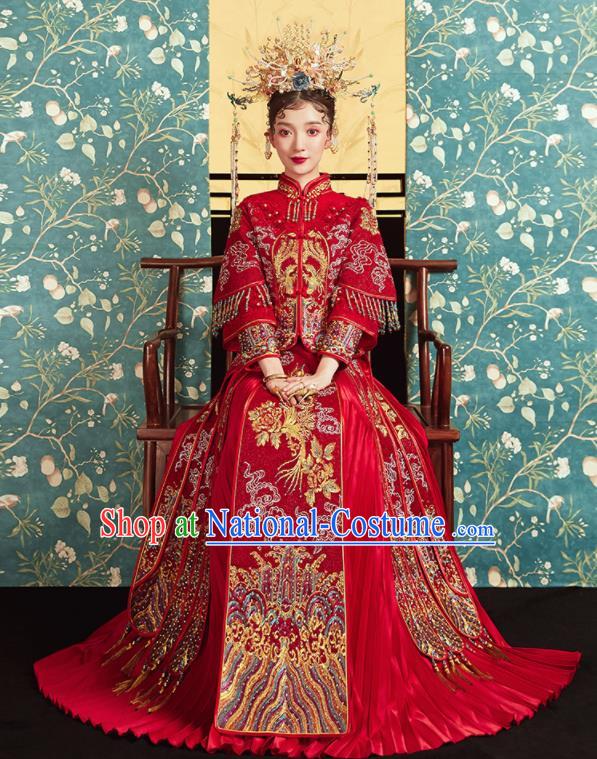 Chinese Traditional Wedding Embroidered Phoenix Peony Red Blouse and Dress Xiu He Suit Bottom Drawer Ancient Bride Costumes for Women