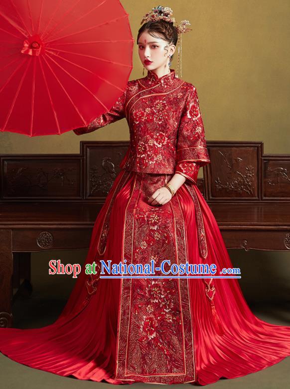 Chinese Traditional Wedding Embroidered Peony Red Blouse and Dress Xiu He Suit Bottom Drawer Ancient Bride Costumes for Women