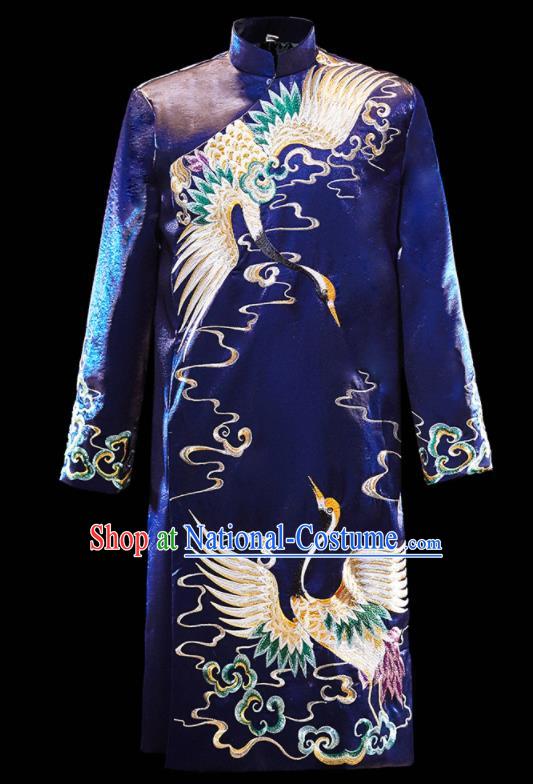 Chinese Ancient Bridegroom Embroidered Crane Royalblue Mandarin Jacket and Gown Traditional Wedding Tang Suit Costumes for Men