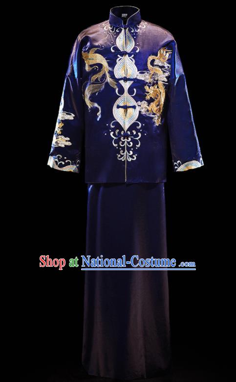 Chinese Ancient Bridegroom Embroidered Dragon Royalblue Mandarin Jacket and Gown Traditional Wedding Tang Suit Costumes for Men