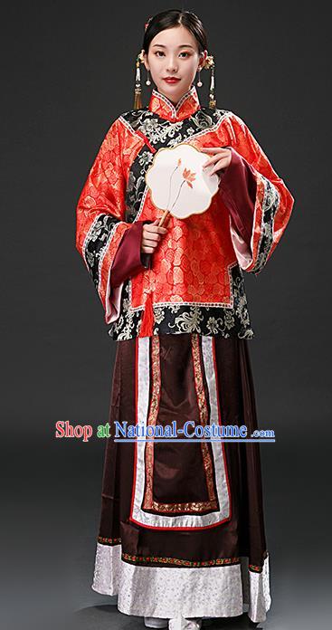 Chinese Ancient Qing Dynasty Rich Concubine Red Blouse and Brown Skirt Traditional Patrician Mistress Costumes for Women