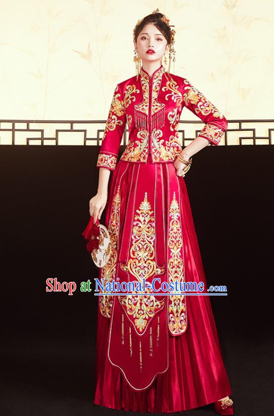 Chinese Traditional Bride Embroidered Drilling Red Xiu He Suit Wedding Blouse and Dress Bottom Drawer Ancient Costumes for Women