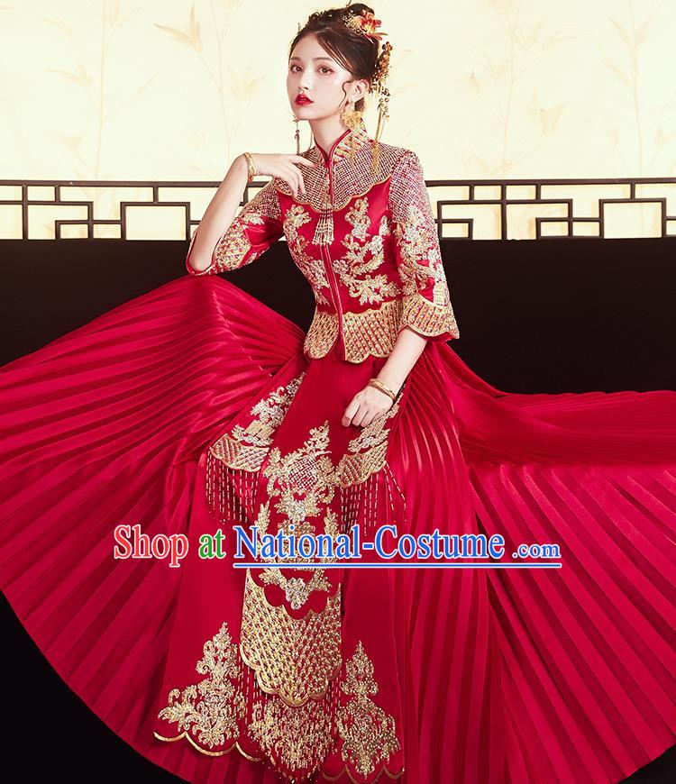 Chinese Traditional Bride Embroidered Red Xiu He Suit Wedding Blouse and Dress Bottom Drawer Ancient Costumes for Women