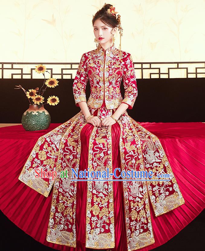 Chinese Traditional Ancient Bride Costumes Embroidered Drilling Phoenix Red Xiu He Suit Wedding Blouse and Dress Bottom Drawer for Women