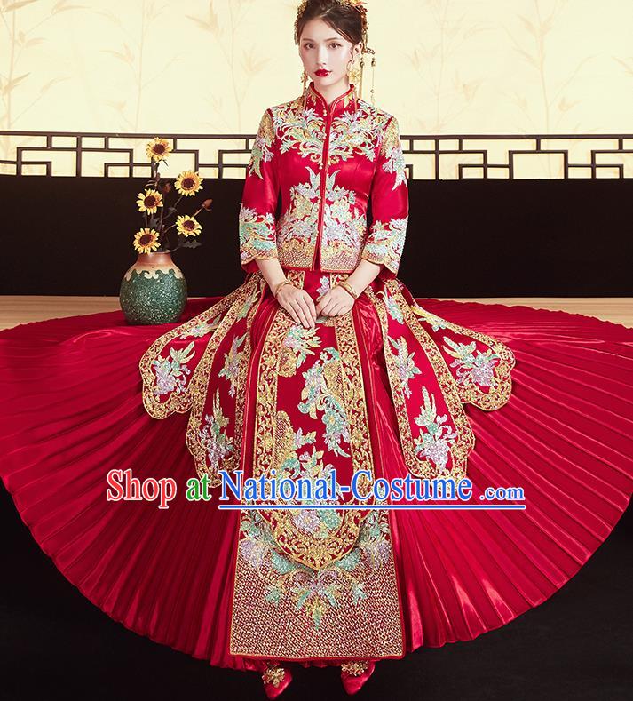 Chinese Traditional Ancient Bride Costumes Embroidered Drilling Flowers Xiu He Suit Wedding Blouse and Dress Bottom Drawer for Women