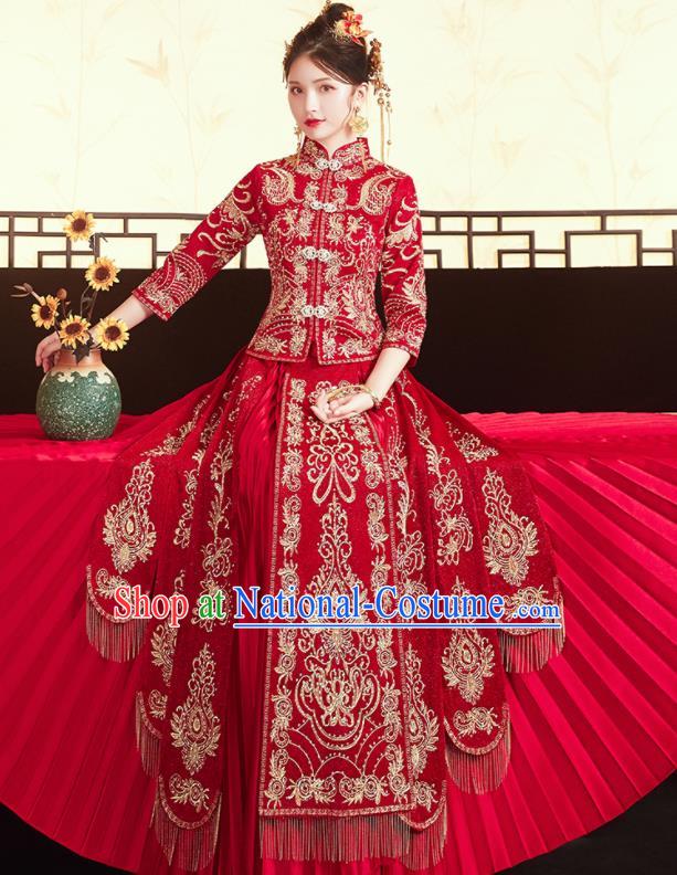 Chinese Traditional Ancient Bride Costumes Embroidered Drilling Xiu He Suit Wedding Blouse and Dress Bottom Drawer for Women