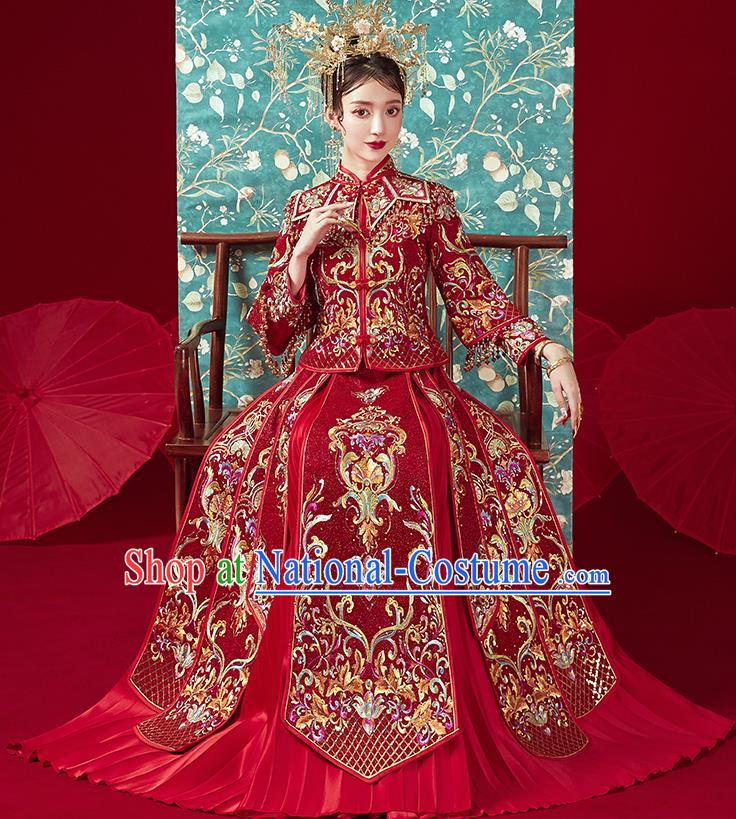 Chinese Traditional Ancient Bride Costumes Embroidered Drilling Wine Red Xiu He Suit Wedding Blouse and Dress Bottom Drawer for Women