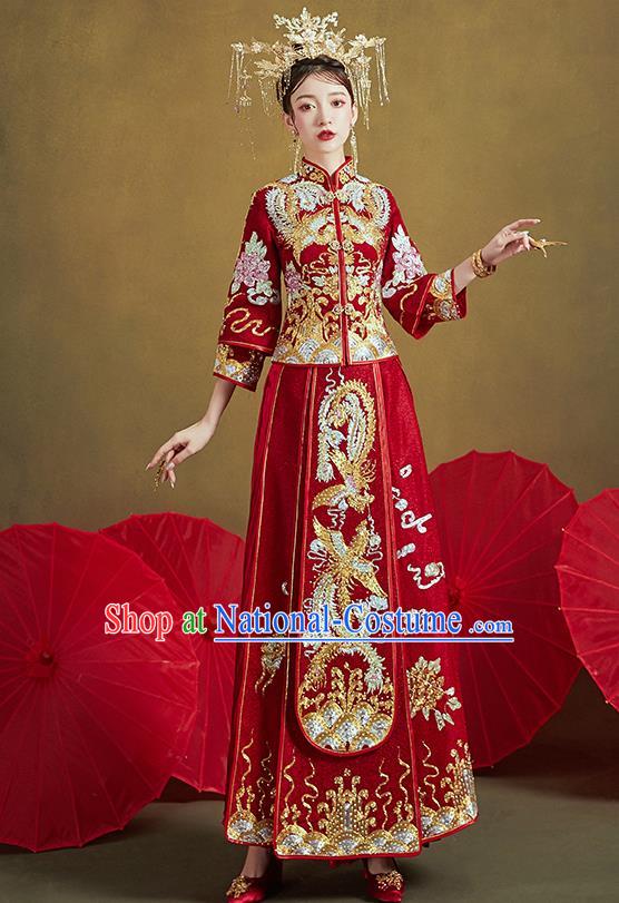 Chinese Traditional Ancient Bride Costumes Embroidered Drilling Phoenix Red Xiu He Suit Wedding Blouse and Dress Bottom Drawer for Women