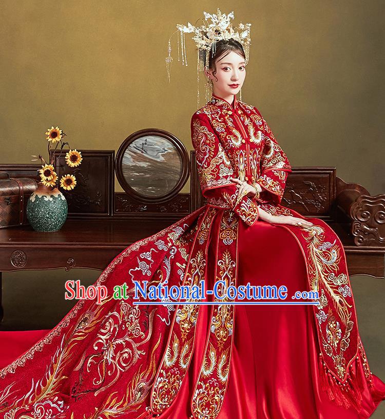 Chinese Traditional Ancient Bride Drilling Costumes Embroidered Phoenix Red Xiu He Suit Wedding Blouse and Dress Bottom Drawer for Women