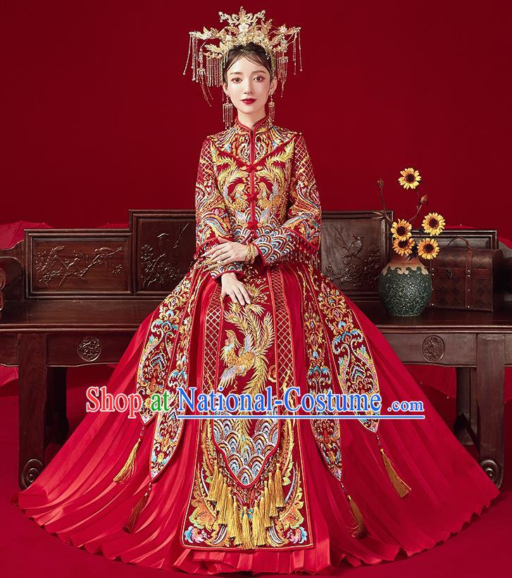 Chinese Traditional Ancient Bride Embroidered Phoenix Drilling Costumes Red Xiu He Suit Wedding Blouse and Dress Bottom Drawer for Women