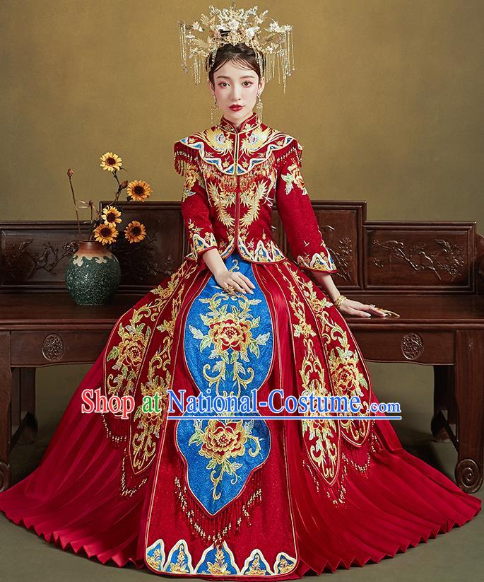 Chinese Traditional Ancient Bride Drilling Embroidered Peony Costumes Red Xiu He Suit Wedding Blouse and Dress Bottom Drawer for Women