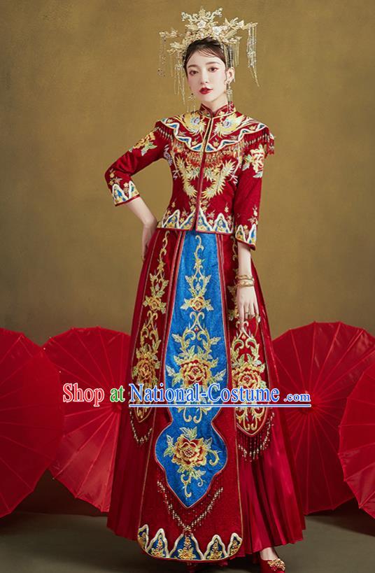 Chinese Traditional Ancient Bride Drilling Embroidered Peony Costumes Red Xiu He Suit Wedding Blouse and Dress Bottom Drawer for Women