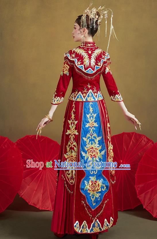 Chinese Traditional Ancient Bride Drilling Embroidered Peony Costumes Red Xiu He Suit Wedding Blouse and Dress Bottom Drawer for Women