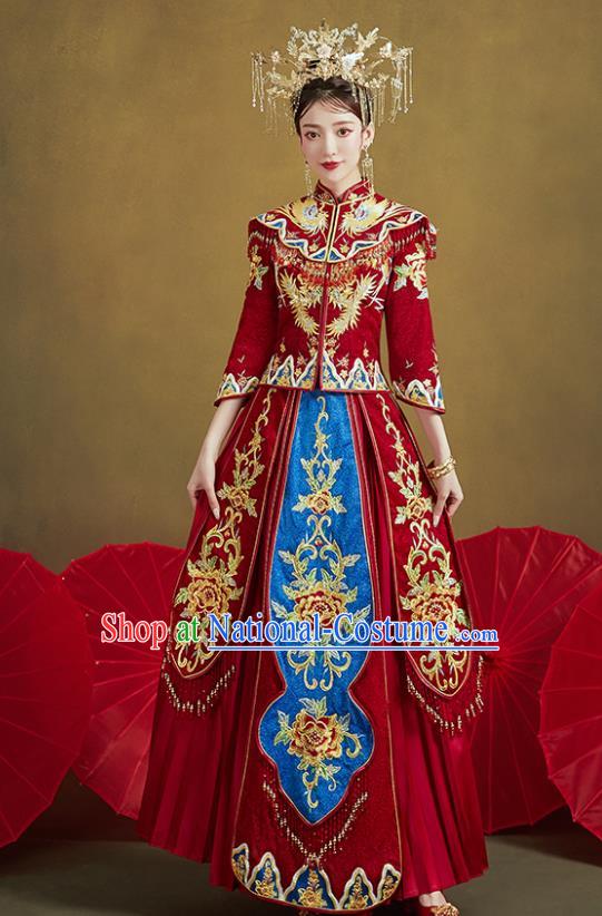 Chinese Traditional Ancient Bride Drilling Embroidered Peony Costumes Red Xiu He Suit Wedding Blouse and Dress Bottom Drawer for Women