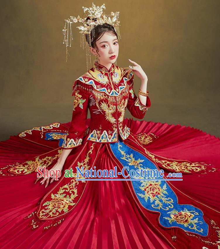 Chinese Traditional Ancient Bride Drilling Embroidered Peony Costumes Red Xiu He Suit Wedding Blouse and Dress Bottom Drawer for Women