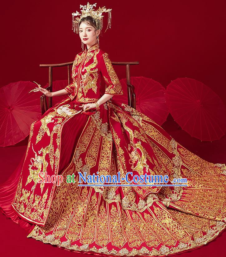 Chinese Traditional Ancient Bride Drilling Embroidered Dragon Costumes Red Xiu He Suit Wedding Blouse and Dress Bottom Drawer for Women