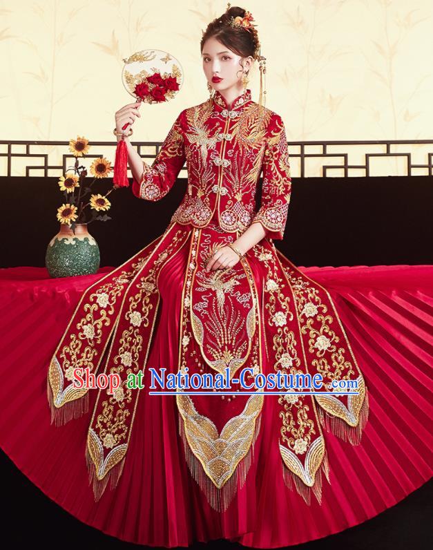 Chinese Traditional Ancient Bride Drilling Embroidered Phoenix Costumes Red Xiu He Suit Wedding Blouse and Dress Bottom Drawer for Women